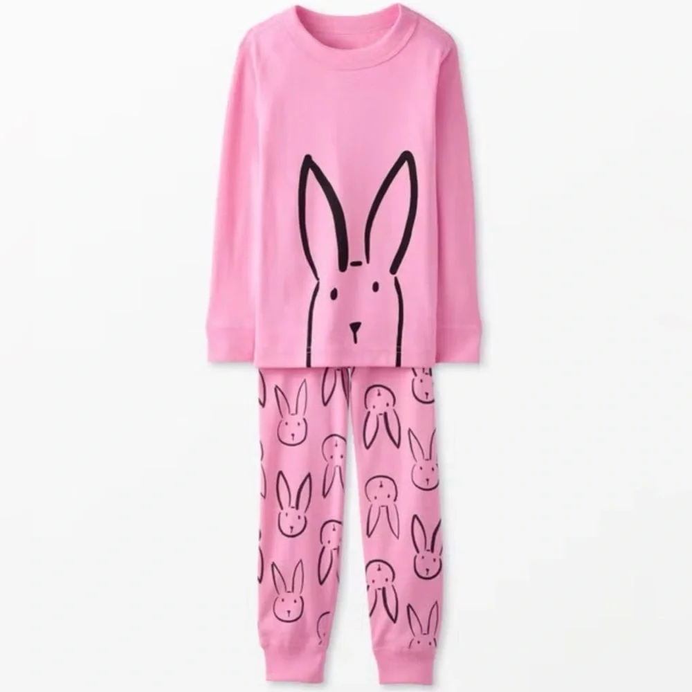 Hanna Andersson Long John Pajama Set Pink Bunny Print Long Sleeve Organic Cotton